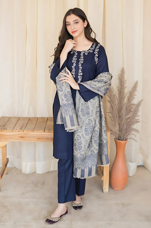 AISLING - 3PC DHANAK EMBROIDERED SHIRT WITH SLUB PRINTED SHAWL AND TROUSER
